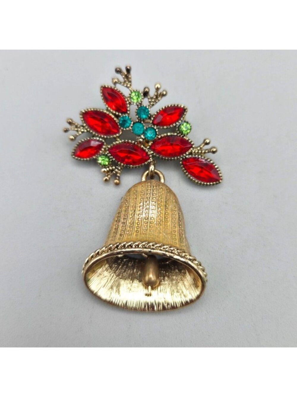 Vintage Monet Christmas Bell Brooch Red Green Rhinestones Holiday Pin